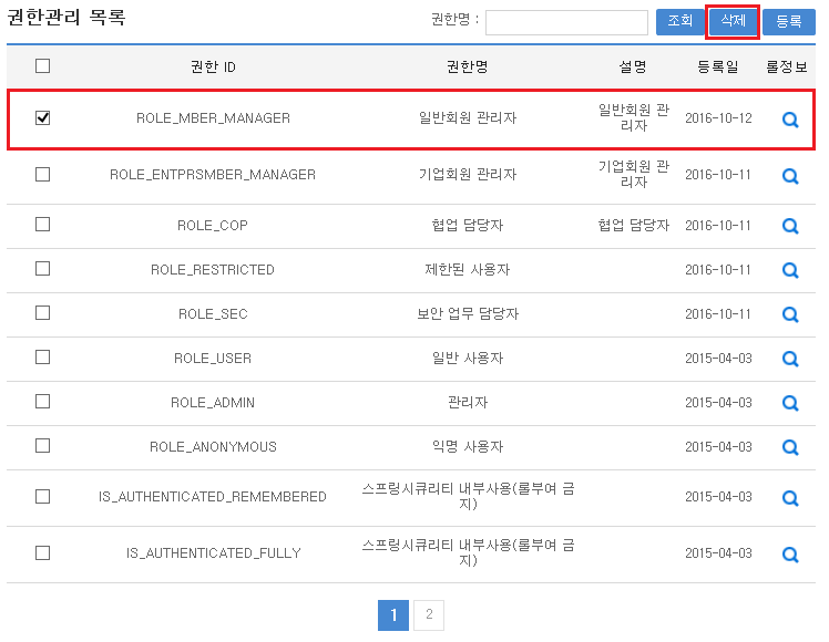 권한관리 목록 화면 캡쳐에서 삭제 기능 설명