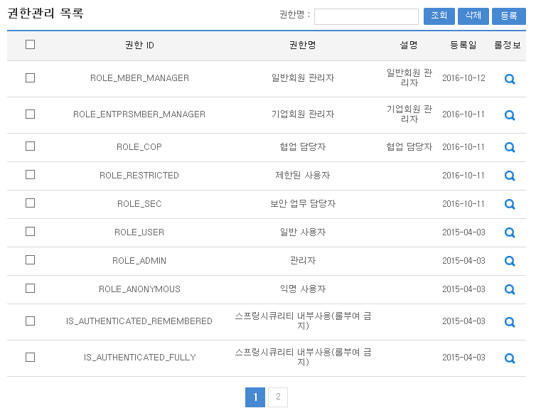 권한관리 목록 화면 캡쳐